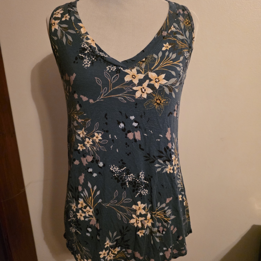 Sleeveless Floral V-Neck Tank Top - Teal Green